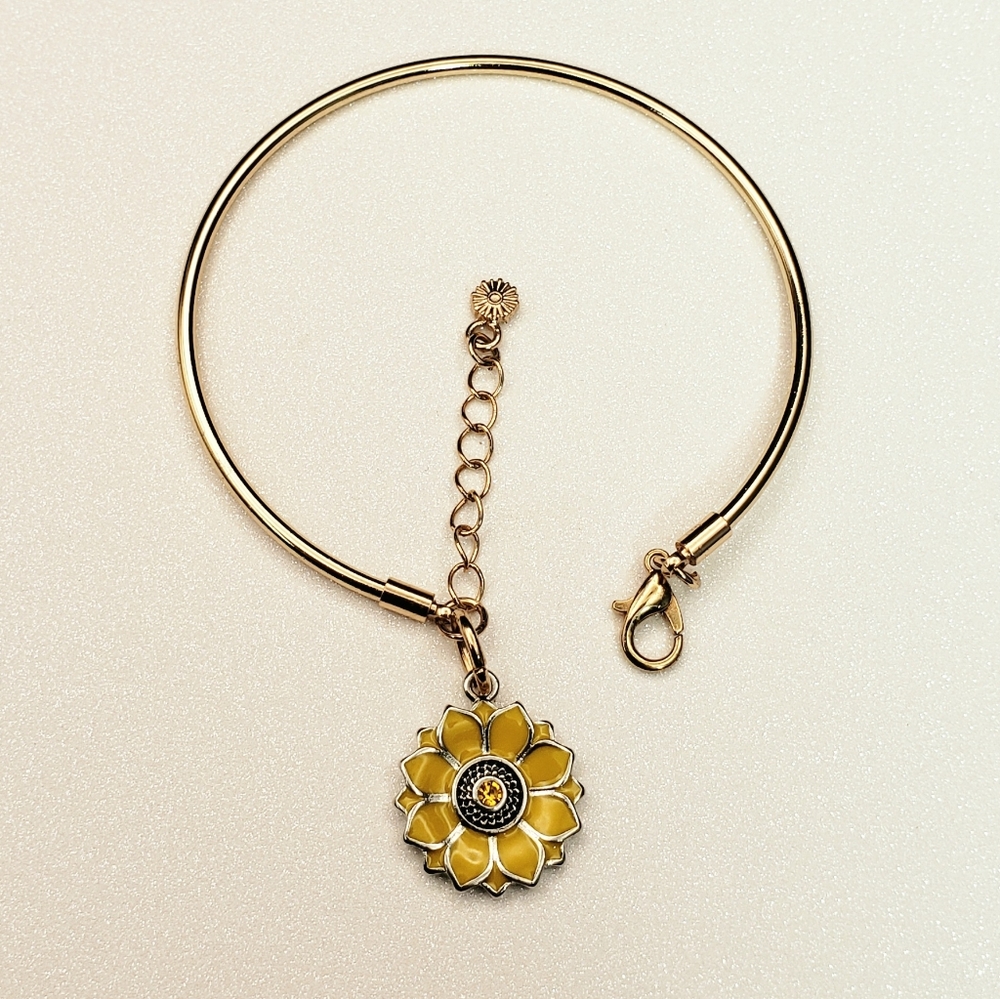 Sunflower Rhinestone Charm Bangle Bracelet Cuff Adjustable - Picture 4 of 10